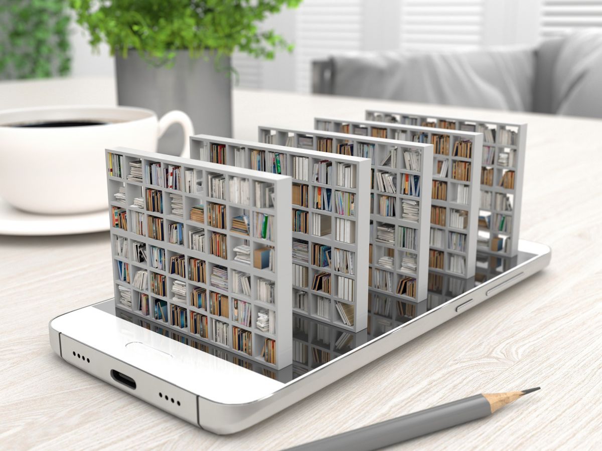 library shelves sitting in phone casing on desk with pencil in foreground