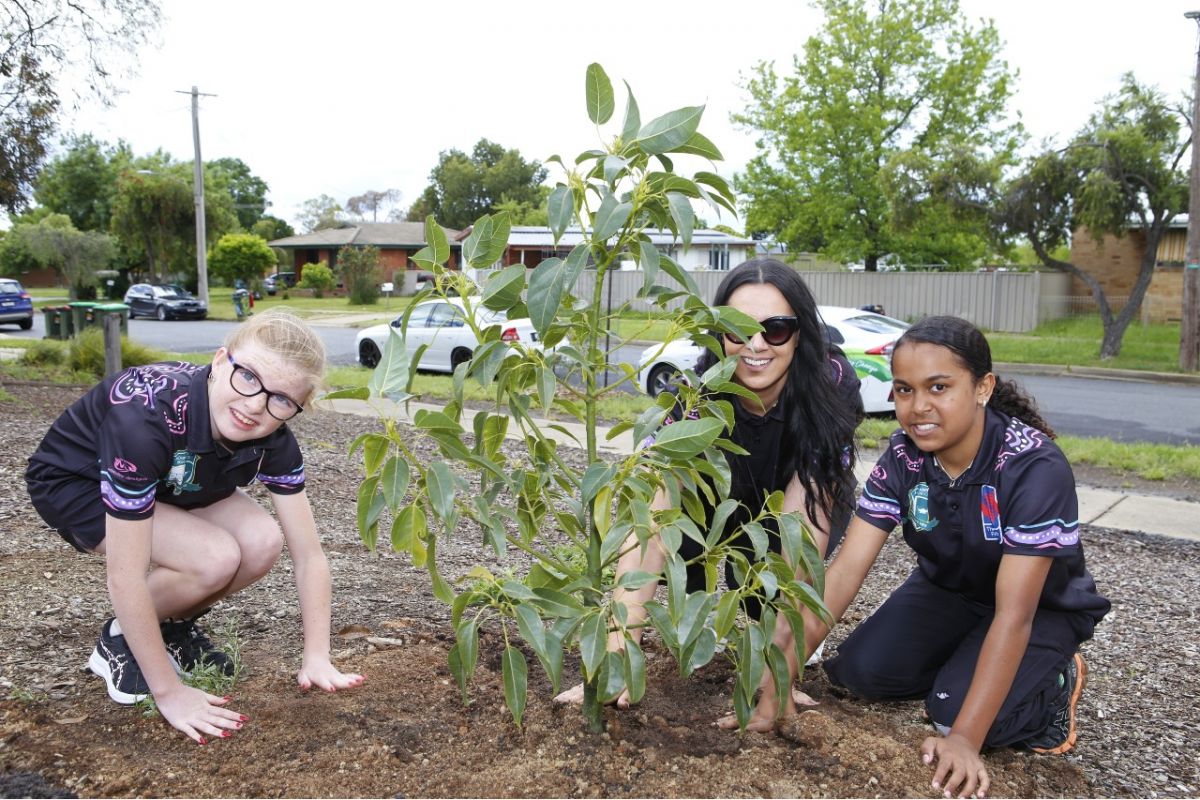 Students and adult coach from 'Girls at the Centre' planting tree at Wilga Park