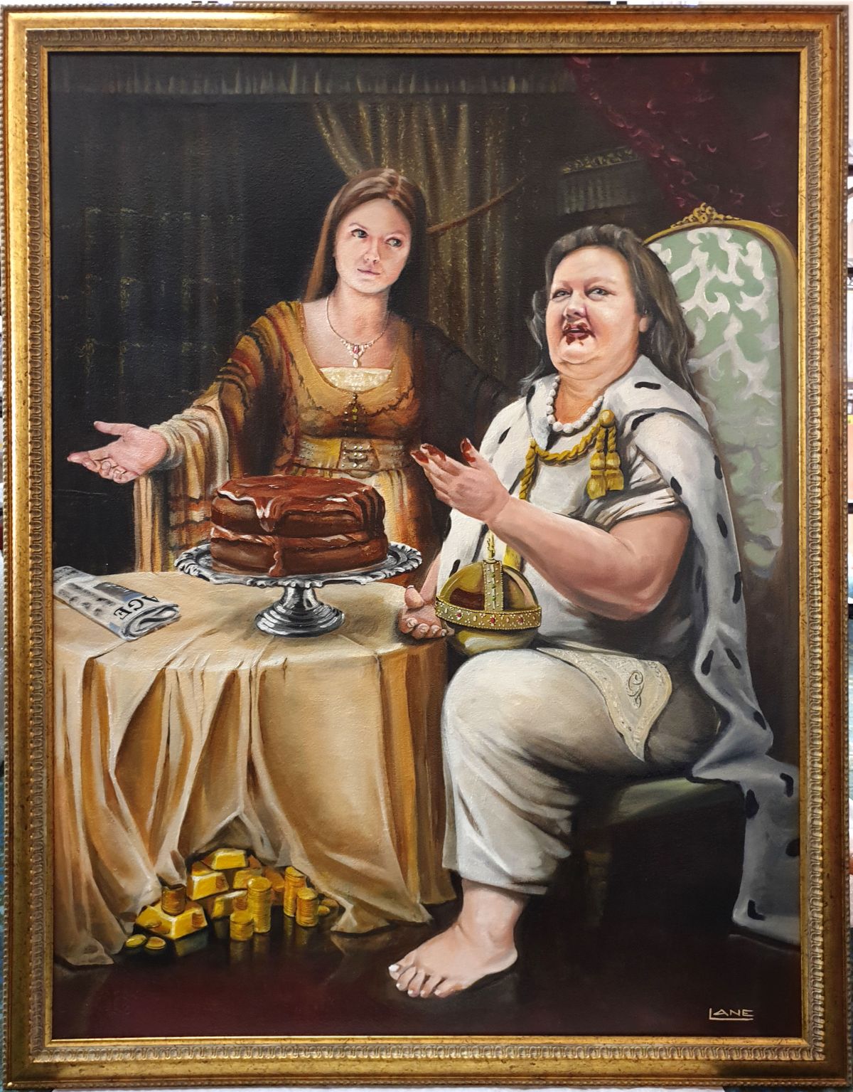 A painting of two women, one sitting at a table eating cake