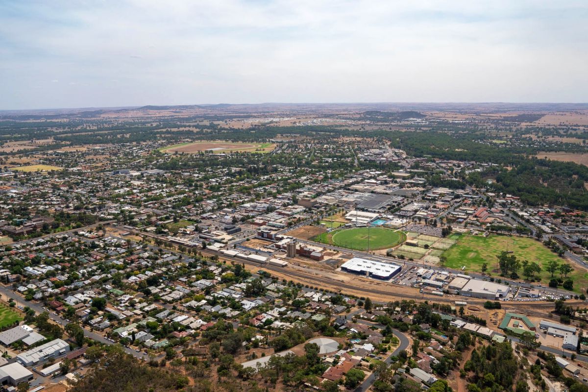 Aerial view of Wagga Wagga city centre from Willans Hill, looking north