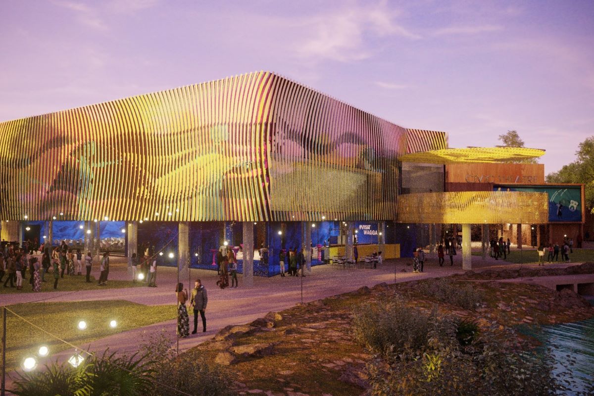 A concept artwork of the facade of a performing arts centre. 