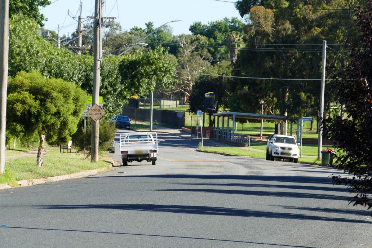 Ziegler Avenue a suburban street lined by trees and school bus shelter beside the road.