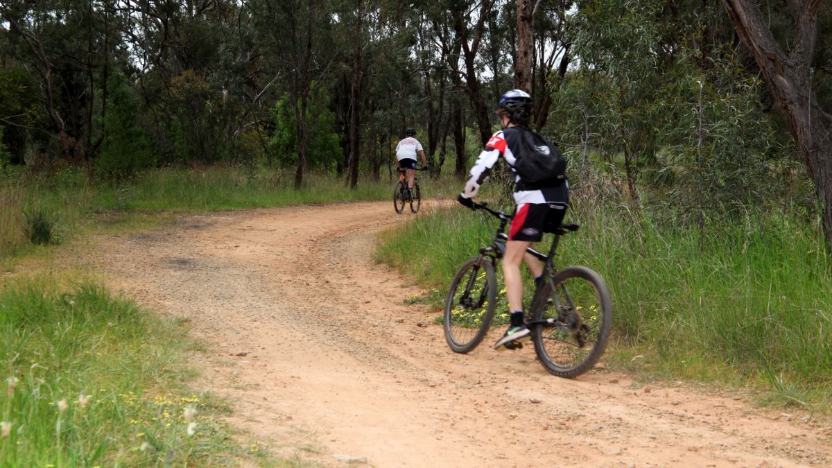 Two young bike riders on dirt path through bushland