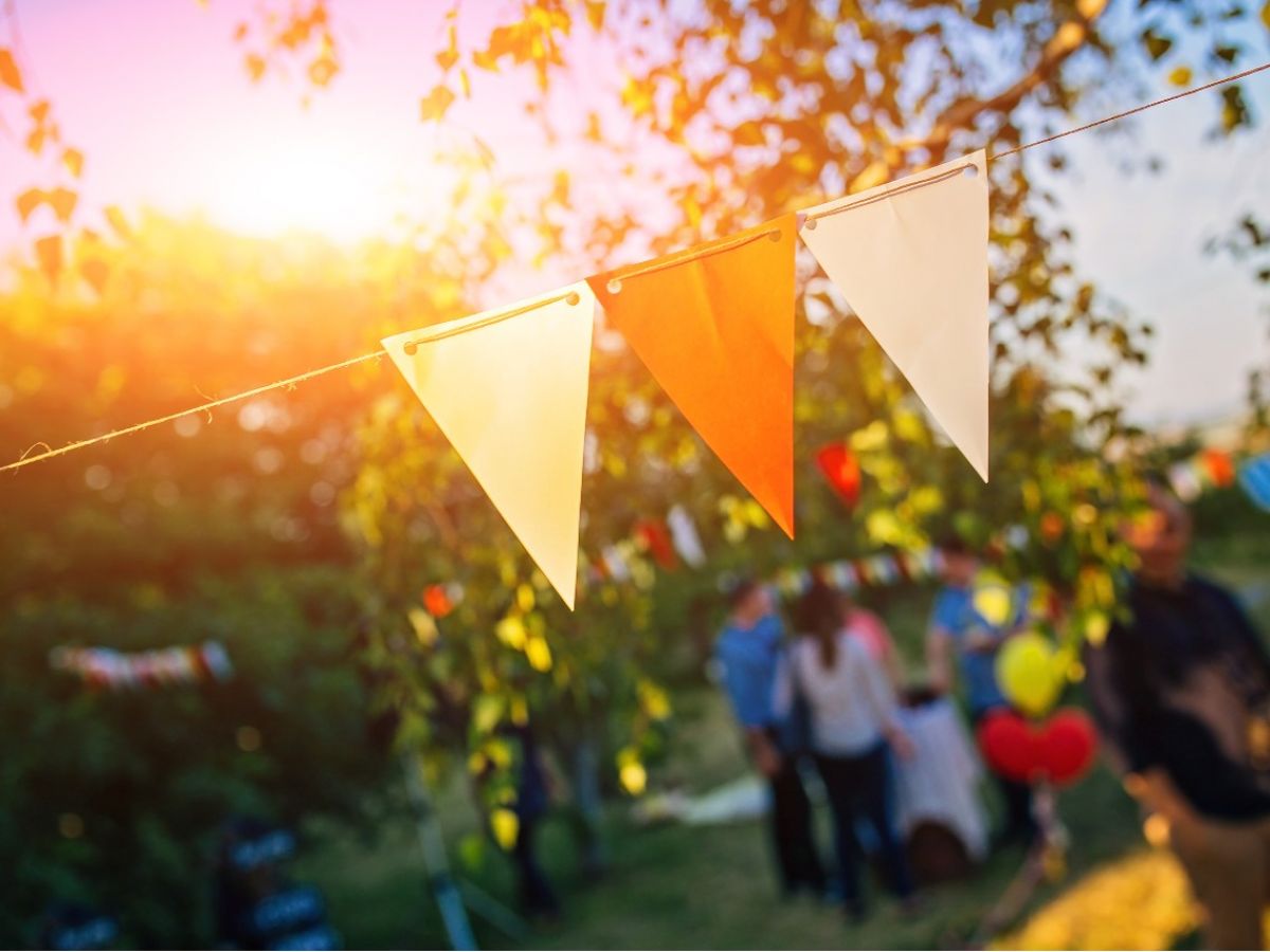 Colourful bunting hanging in a park