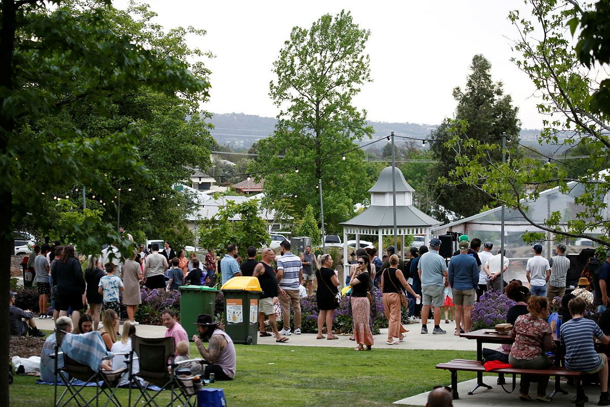 A crowd of people in a community garden setting. 