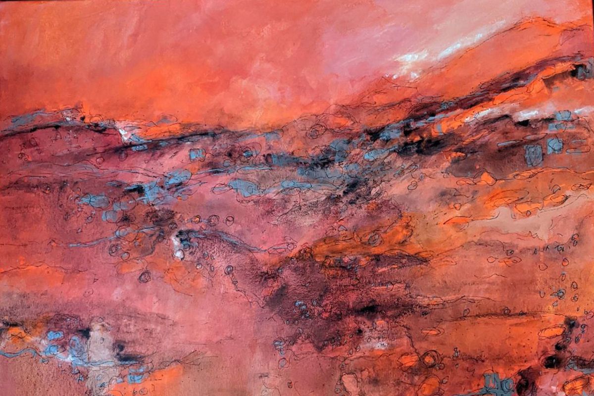 Painting of landscape bathed in reds and pinks at sunset.