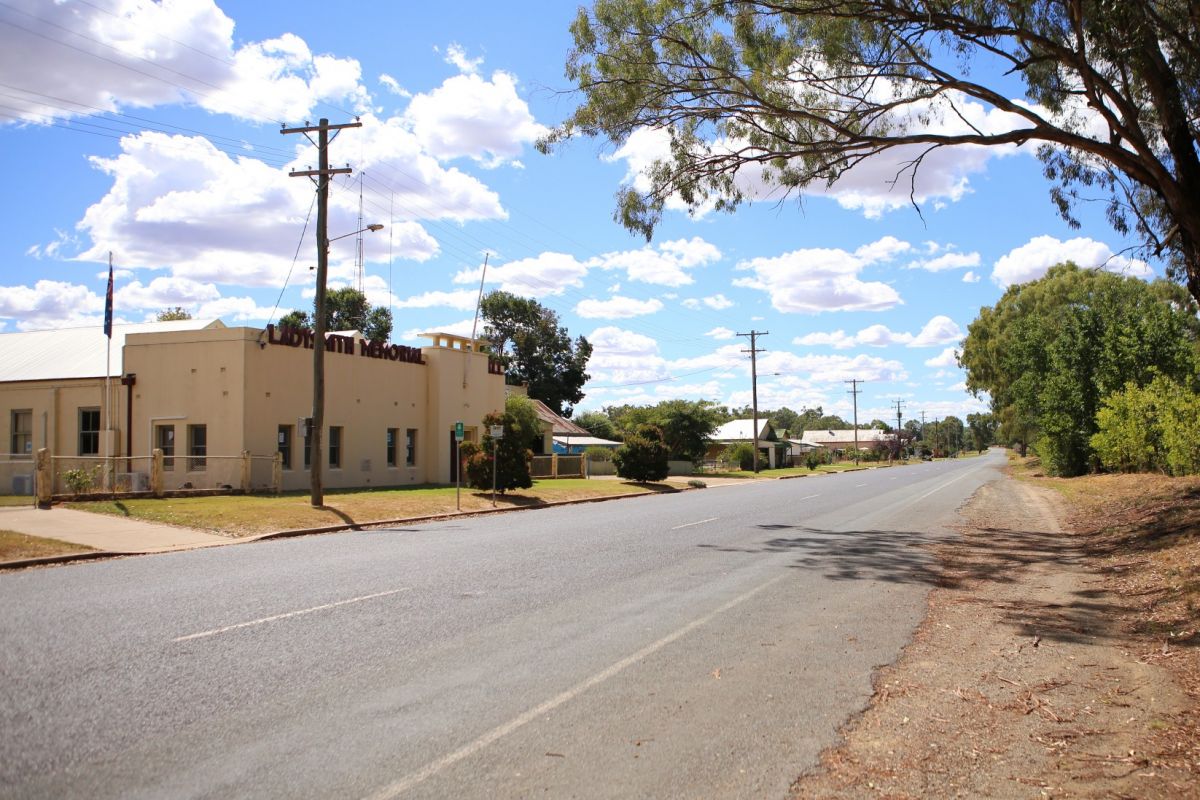 Rural village main street with community hall 