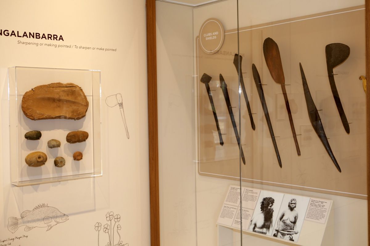 Display cabinet with seven Wiradyuri objects in new Wiradyuri Gallery