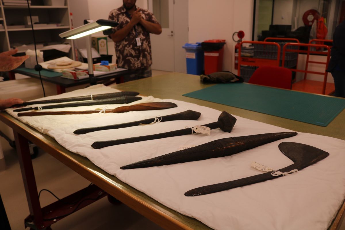 seven Wiradyuri objects on a table at the Australian Museum