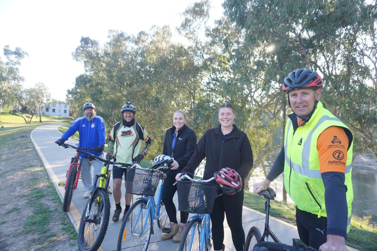 Council employees Henry Pavitt, Kadison Hofert, Taylah Frazier and Robert Owers together with ring-in Andrew Green from Sydney, on the Wiradjuri Trail behind the Playhouse.