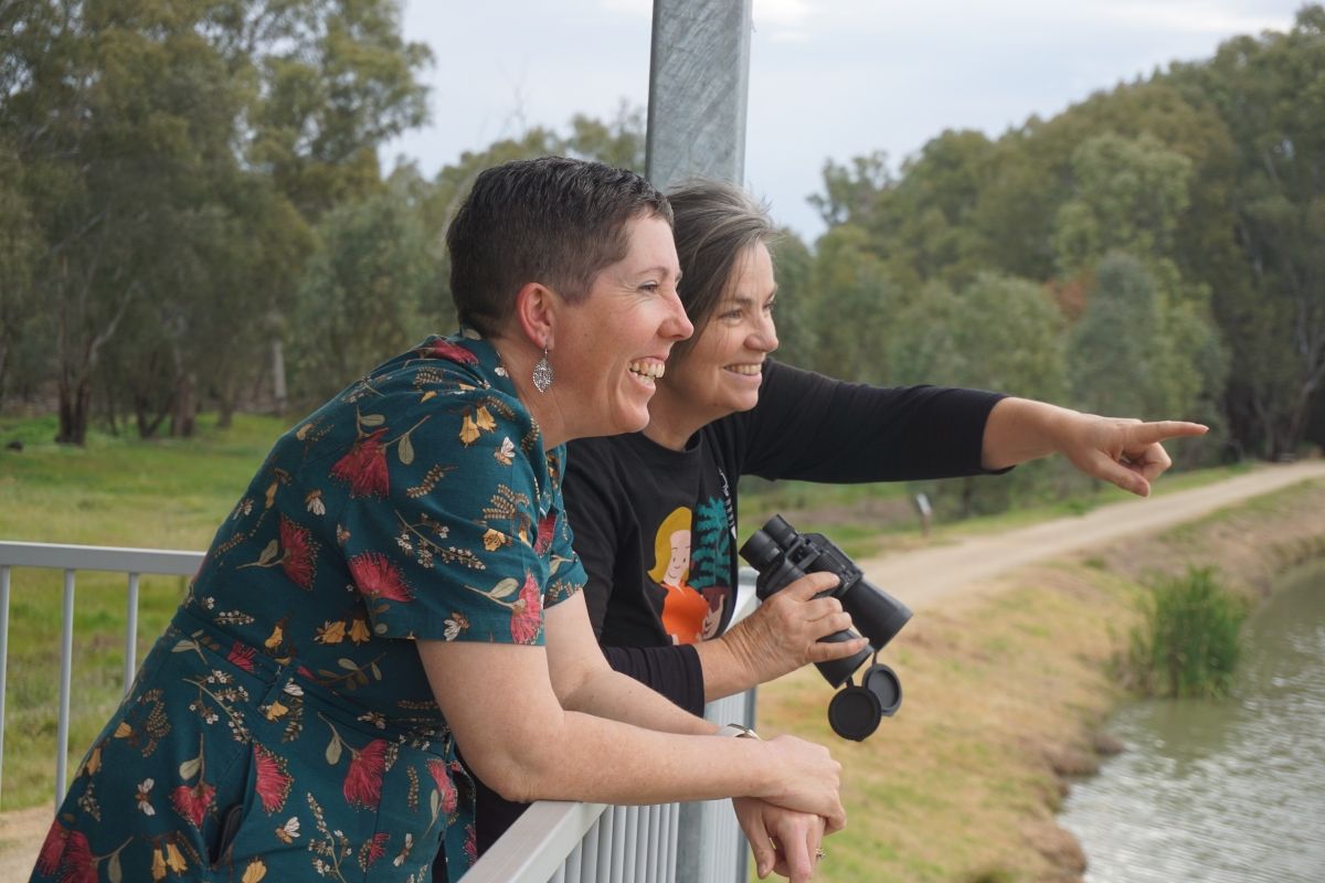 Wagga Wagga City Library’s Outreach Services Team Leader Wendy Harper and Council’s Environmental Education Officer Christina Read on the viewing platform at the Marrambidya Wetland.