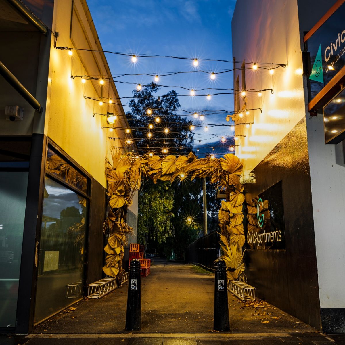 CBD laneway in early evening with lights and decorations