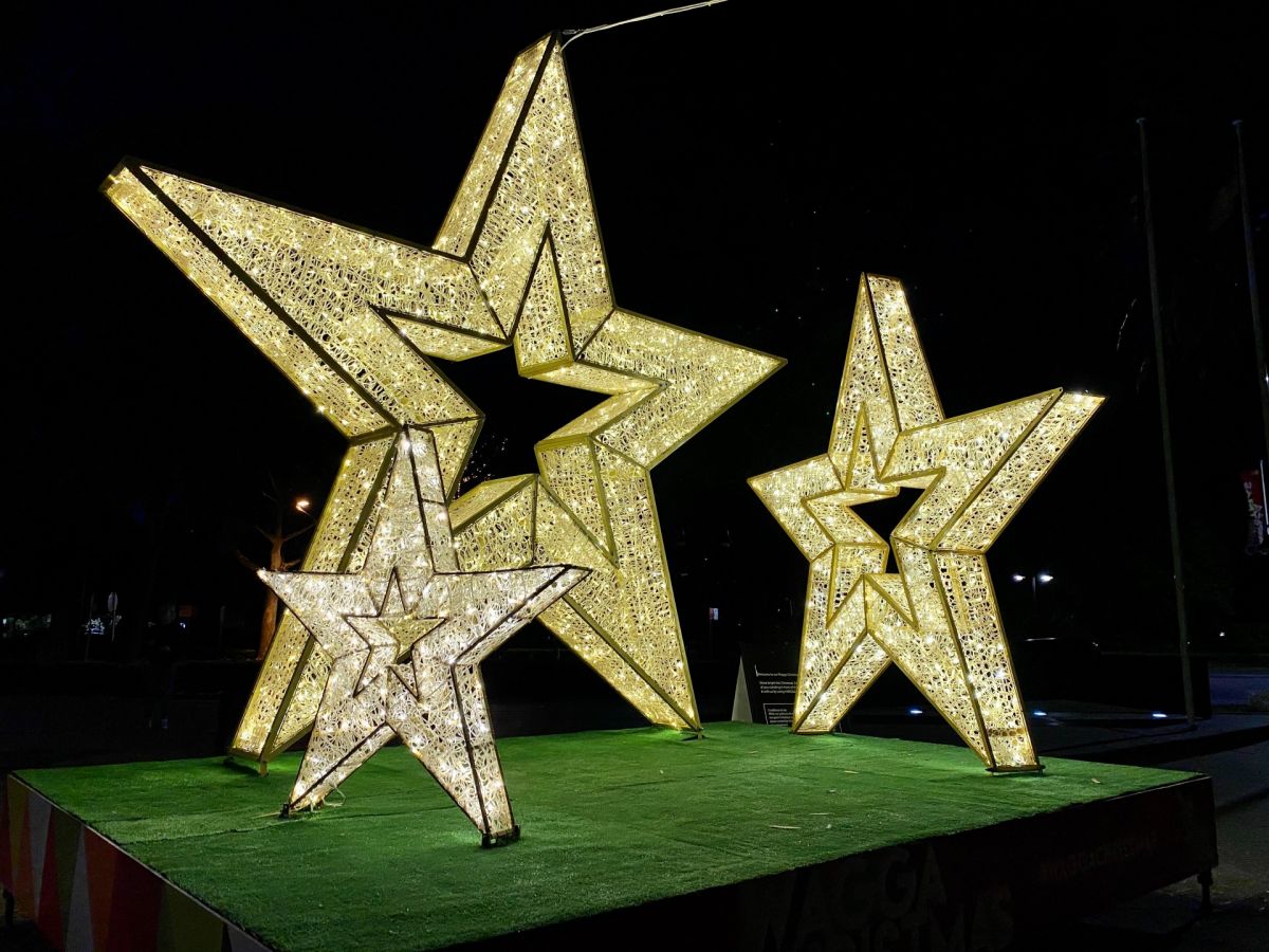 Trio of Christmas stars installation lit up