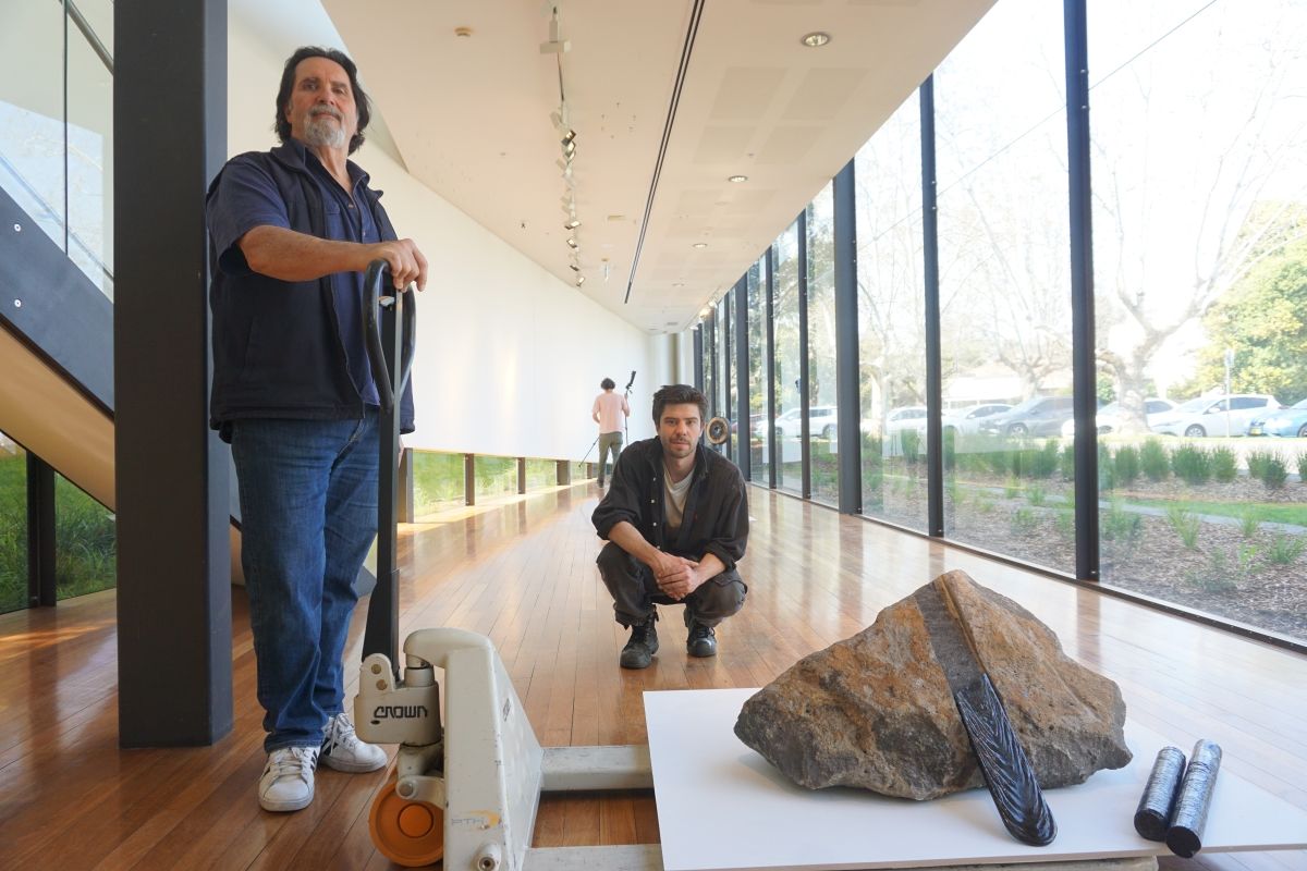 Michael Scarrone and Nicholas Burridge behind one of NB's works for Terraformed exhibition