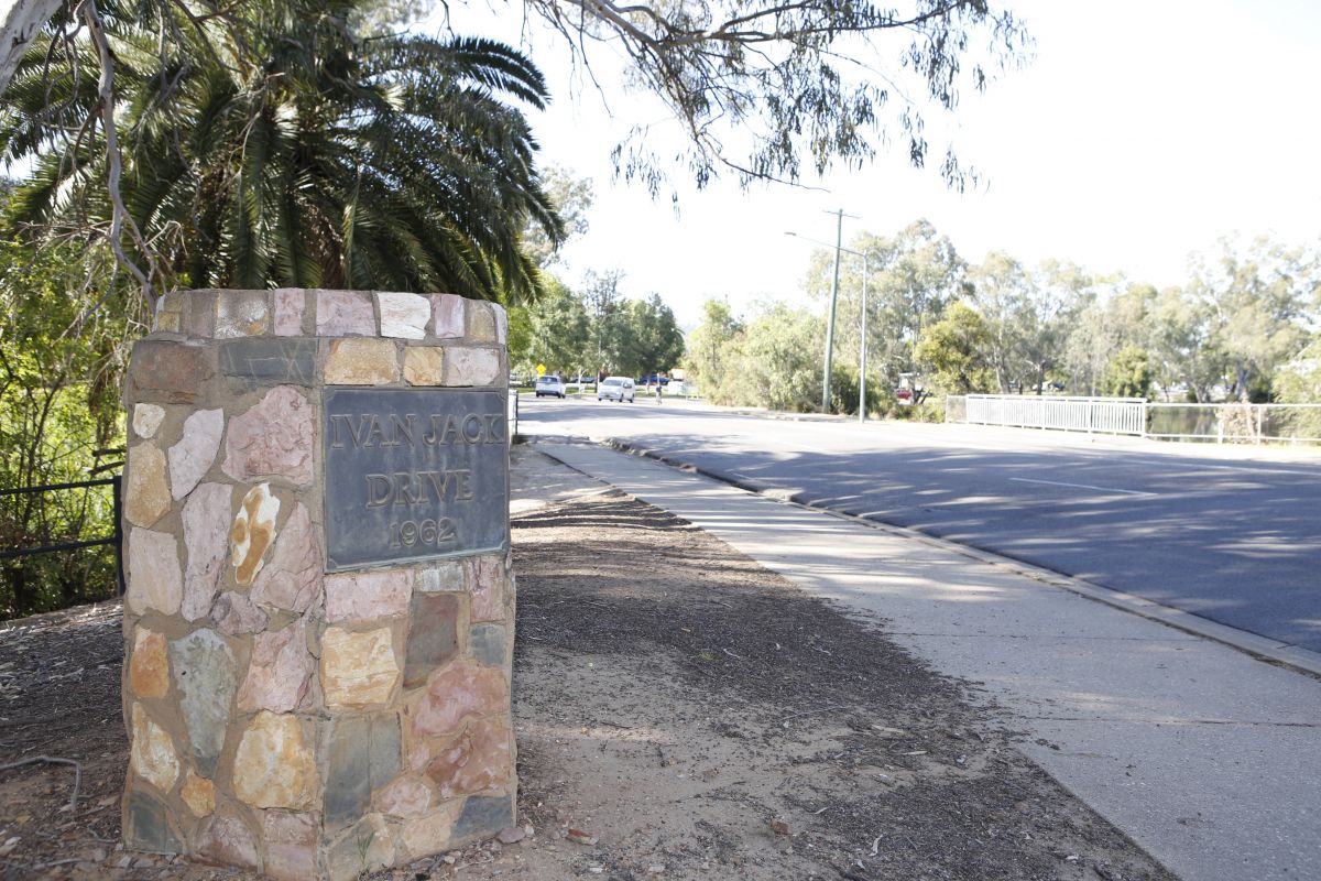 Brick road sign for Ivan Jack Bridge