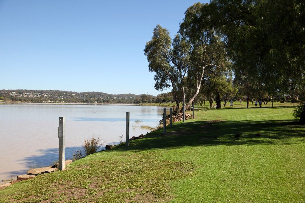 Freshly mown grassy foreshores of a lake.