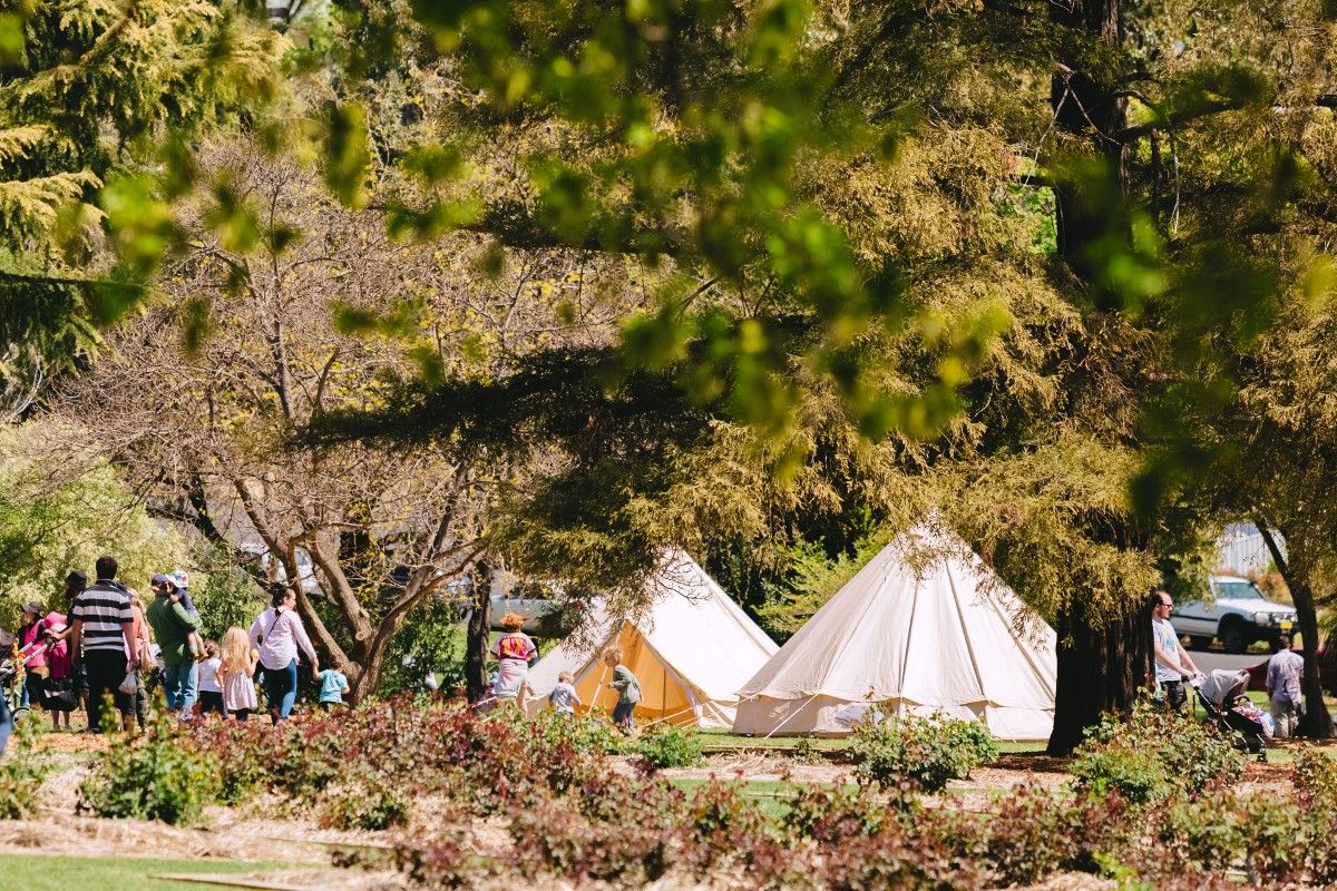 Crowd of families and tents in gardens