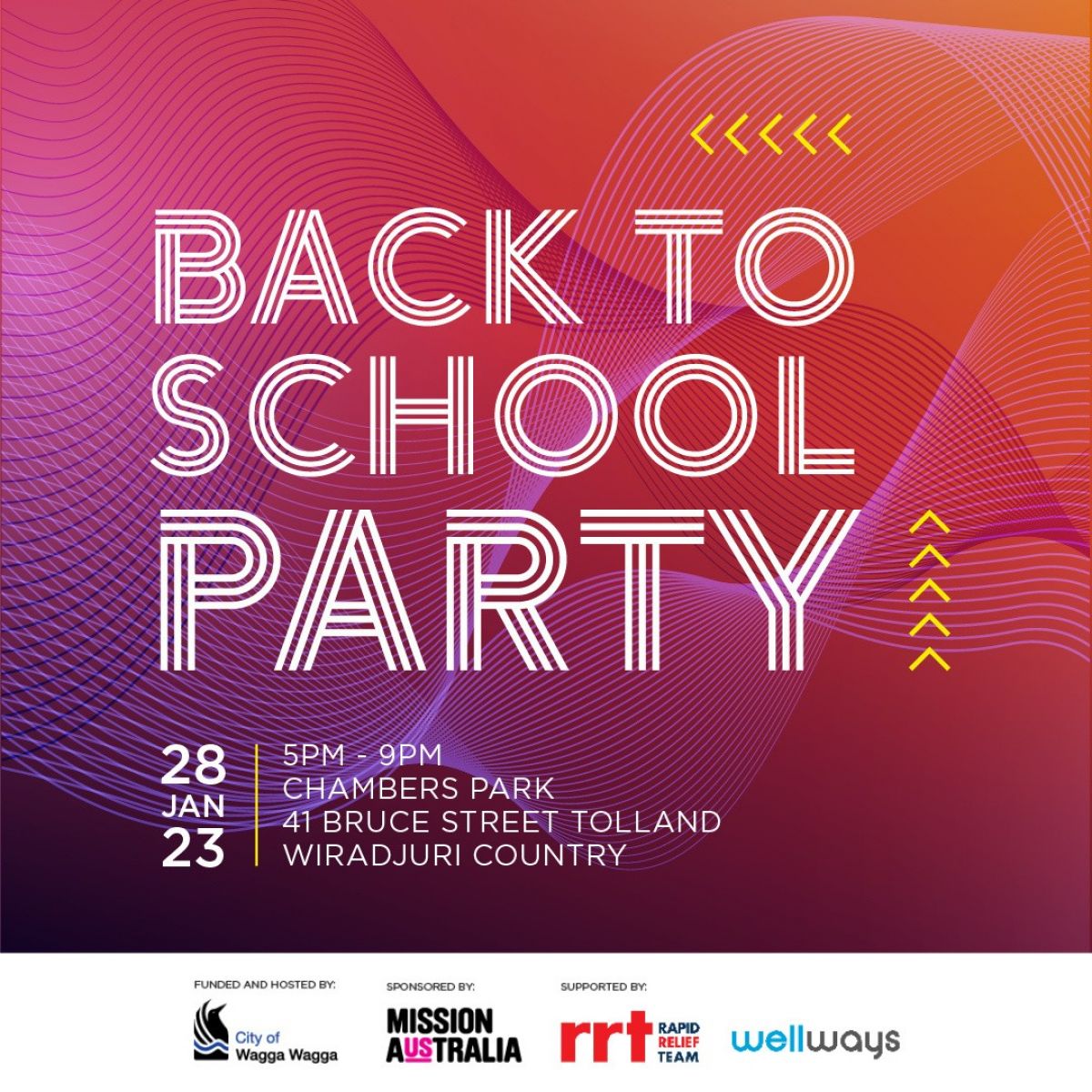 Back to School Party 28 Jan 2023, 5-9pm, Chambers Park, 41 Bruce Street, Tolland, Wiradjuri Country
