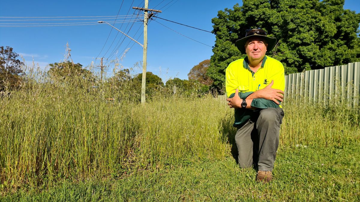 Man in safety vest crouches on nature strip where part of it is overgrown and the other part is mown