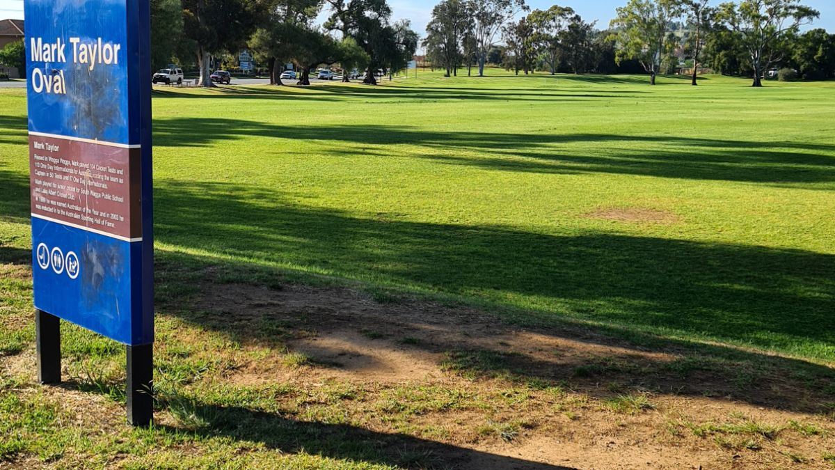 Sign with details of cricketer Mark Taylor with cricket field in background