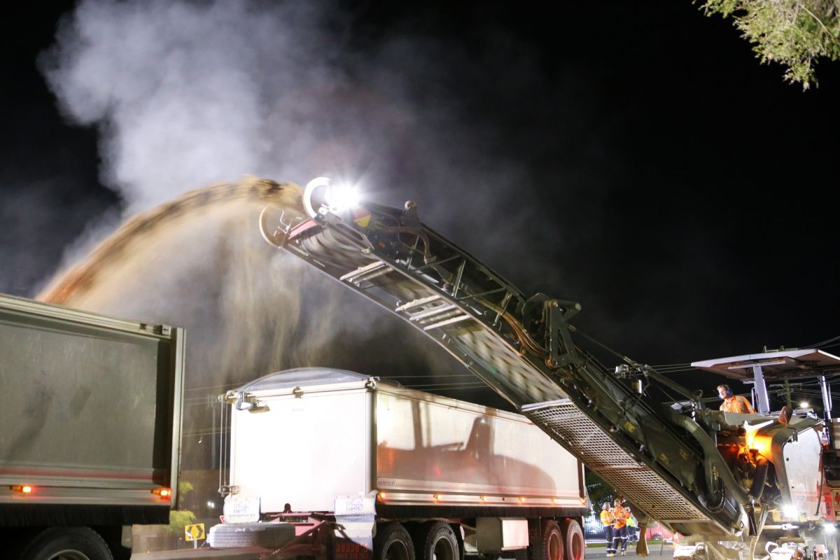 Road milling machinery at night