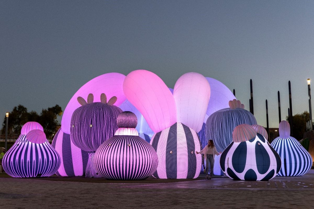 A pink and black striped large scale lighting and sound installation