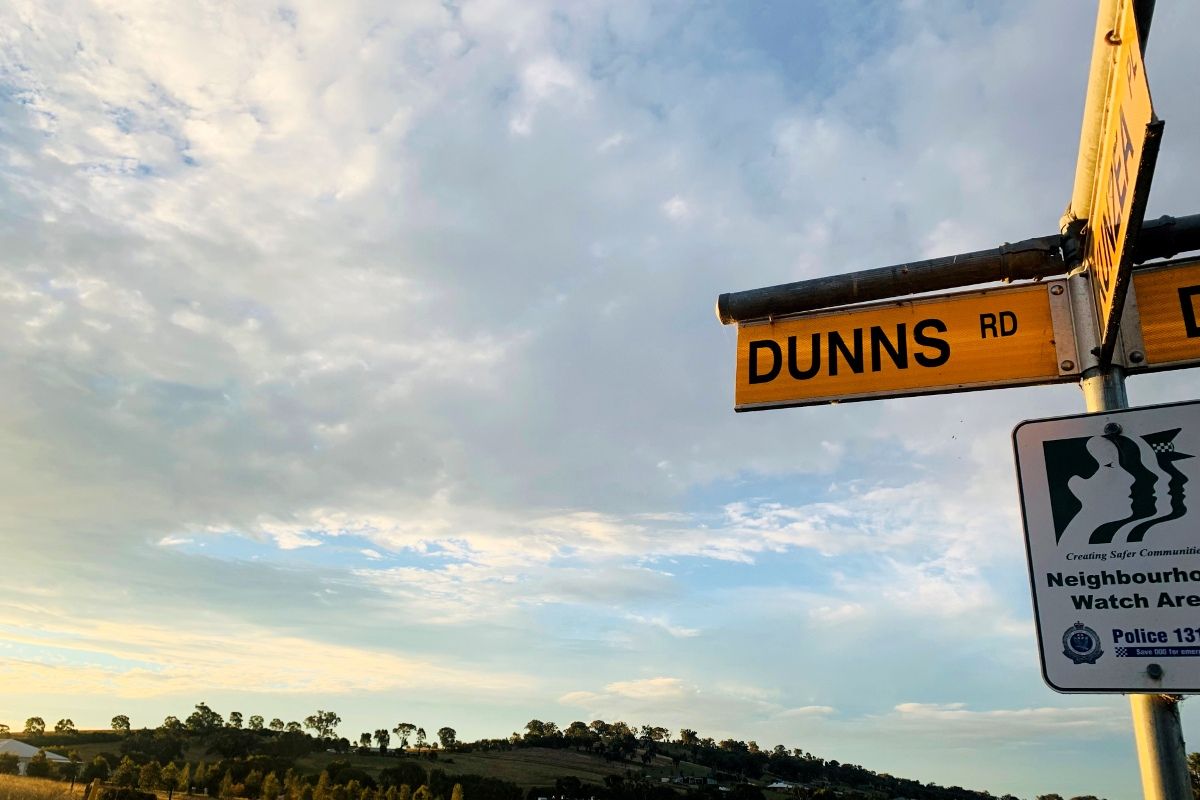 Street sign for Dunns Road and Kunzea Place
