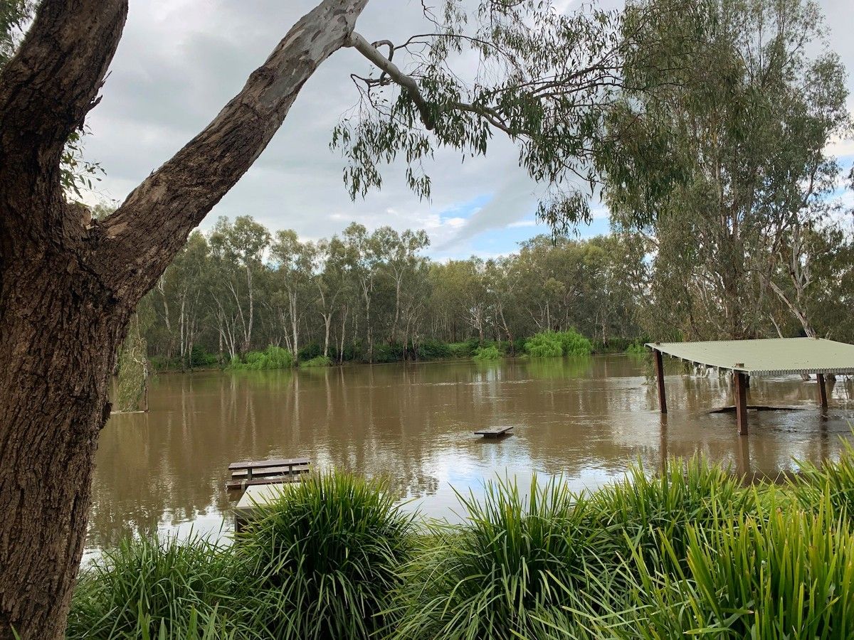 River water flowing through covered bbq area at Wagga Beach