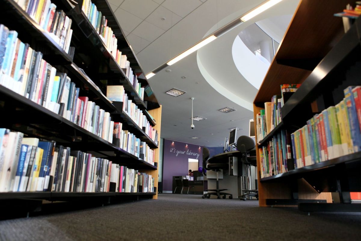 Library bookshelves with books on them