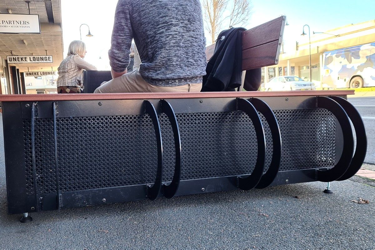 Side view of parklet with bike rack