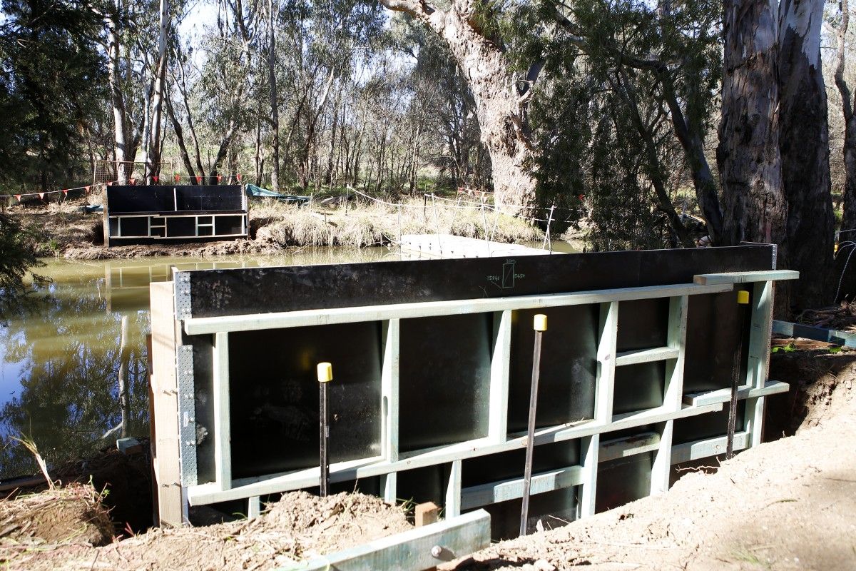 Form work on banks on either side of Flowerdale Lagoon anabranch