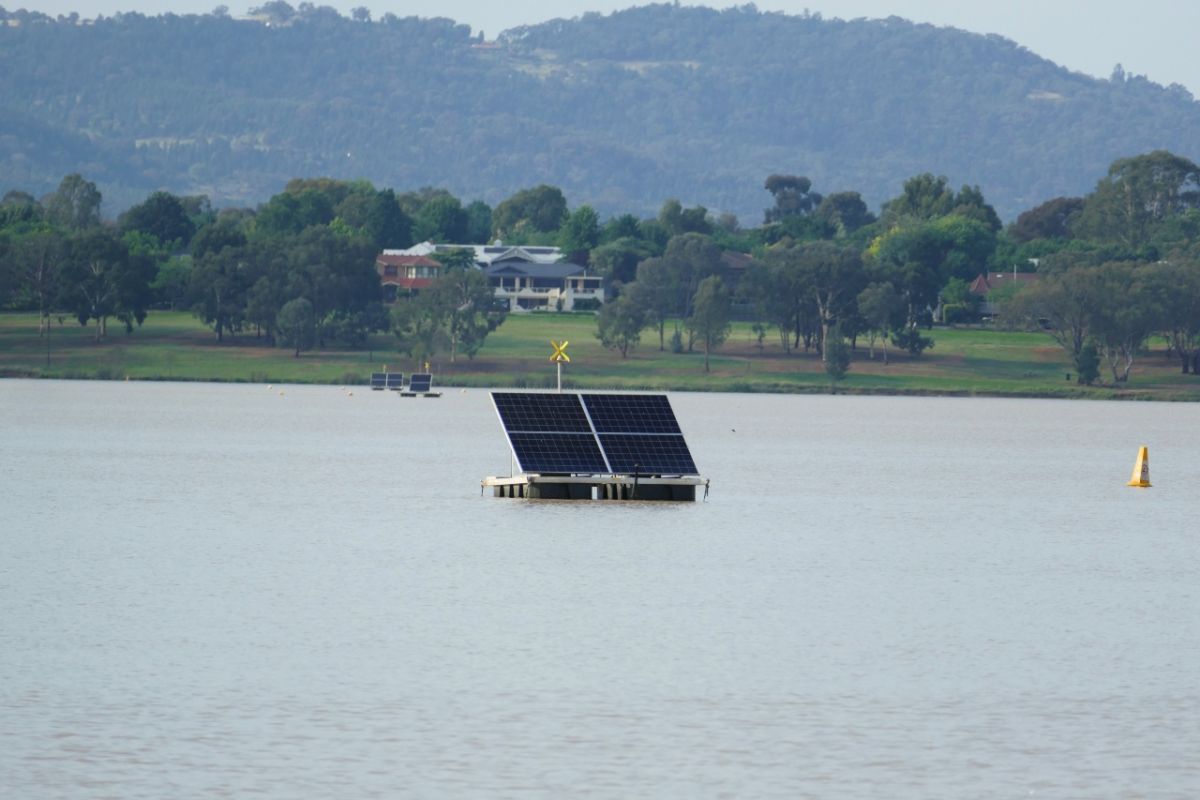 Solar powered ultrasound buoys floating on Lake Albert.