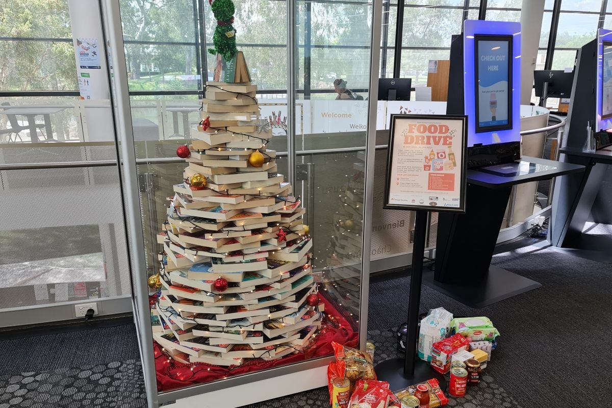 Wagga Wagga City Library’s Christmas Tree for 2024 Food Appeal.