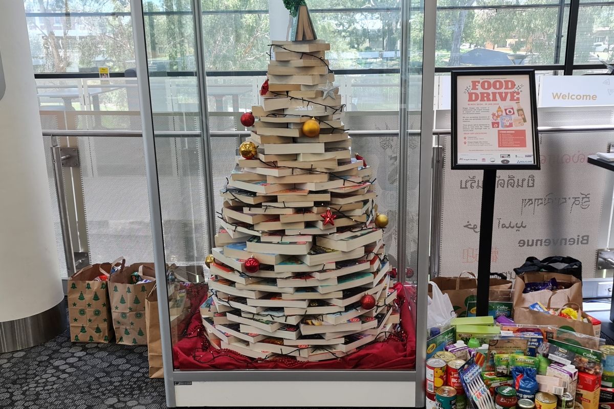 Xmas tree at library for food appeal, 2024-25.