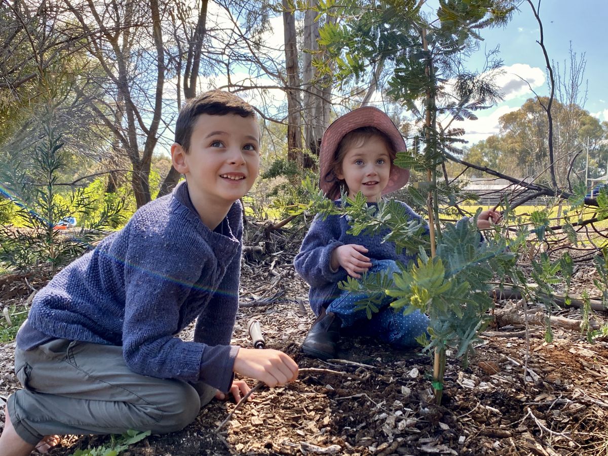 Girl and boy in garden with plant