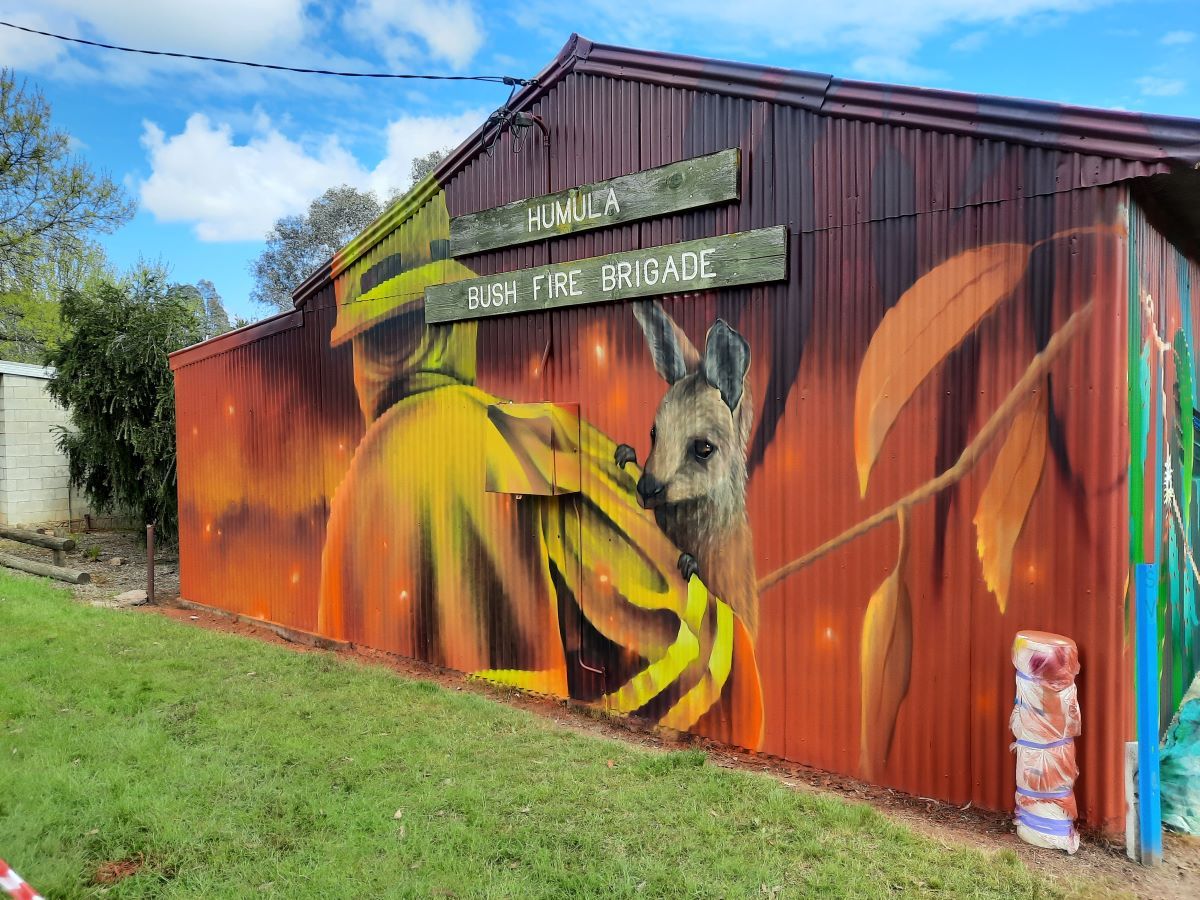 The Humula Bush Fire Brigade Shed mural design depicts a NSW RFS volunteer carrying a joey away from fire, and ‘Elvis’ the NSW RFS helicopter which has assisted in fighting bushfires. 
