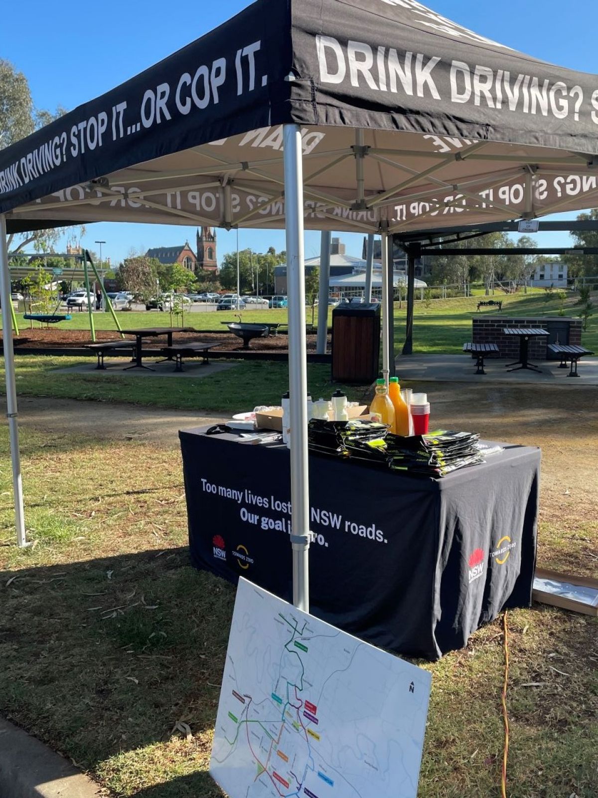 A gazebo and table with food and displays in a public park. 