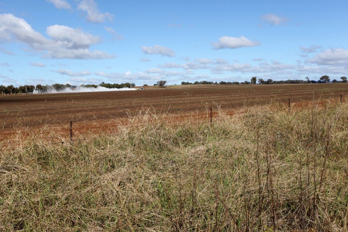 Tractor spraying ploughed paddock in the background, with paddock fence and dry grass in the foreground.