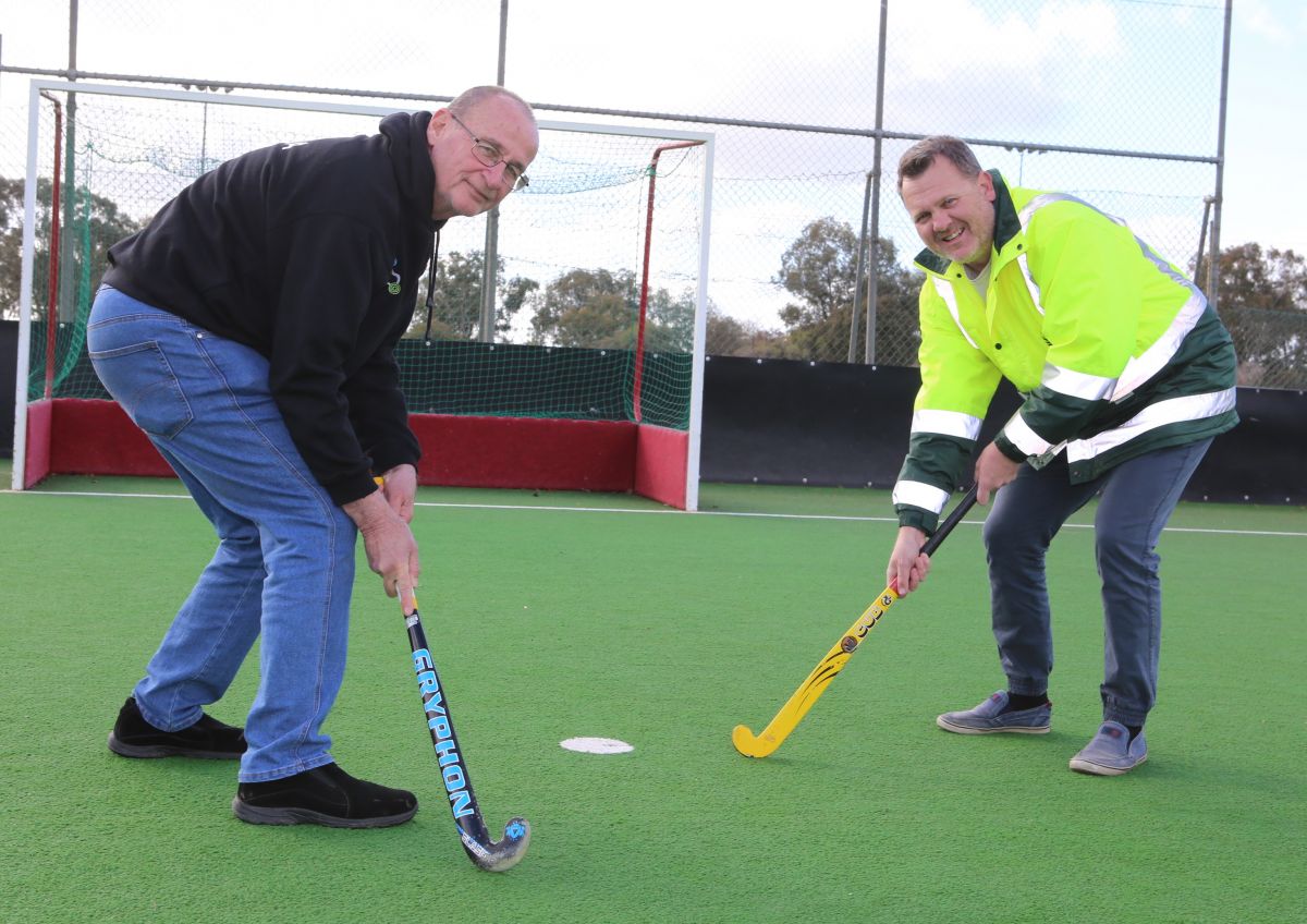 ockey association President Ken Larkin (left) and Council’s Strategic Recreation Officer Peter Cook at the Jubilee Park complex