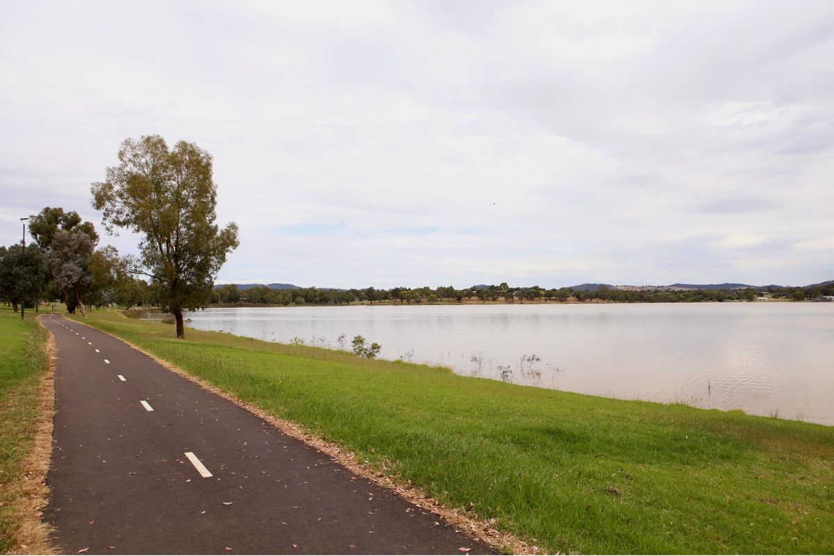 Sealed shared path in the foreground with eastern section of Lake Albert in the background