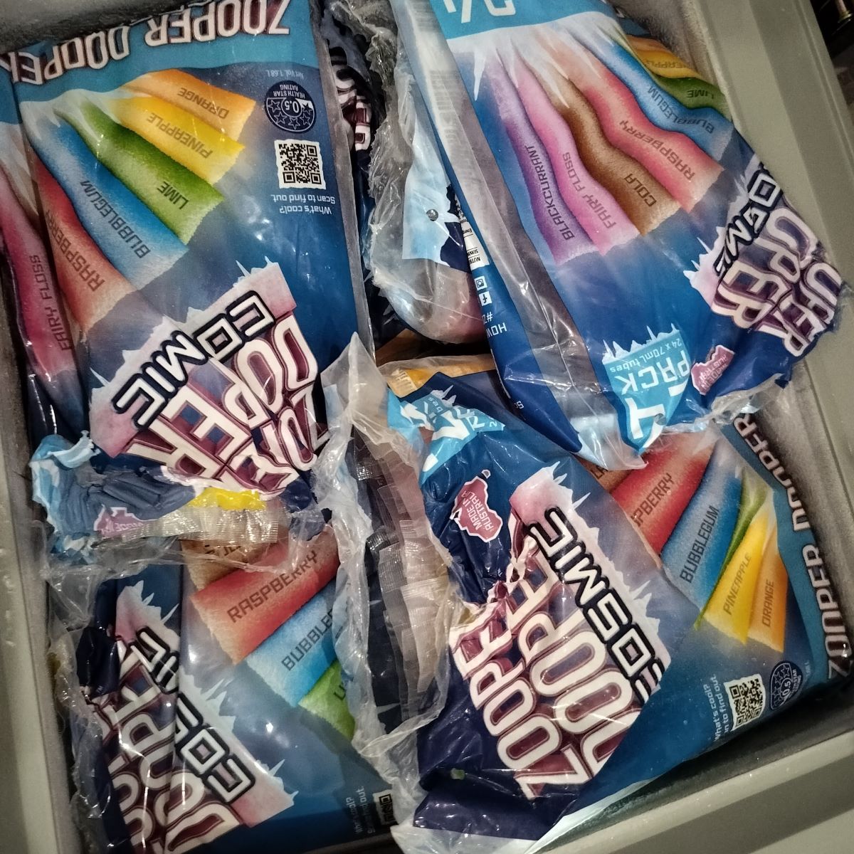 A freezer full of Zooper Dooper ice blocks. 