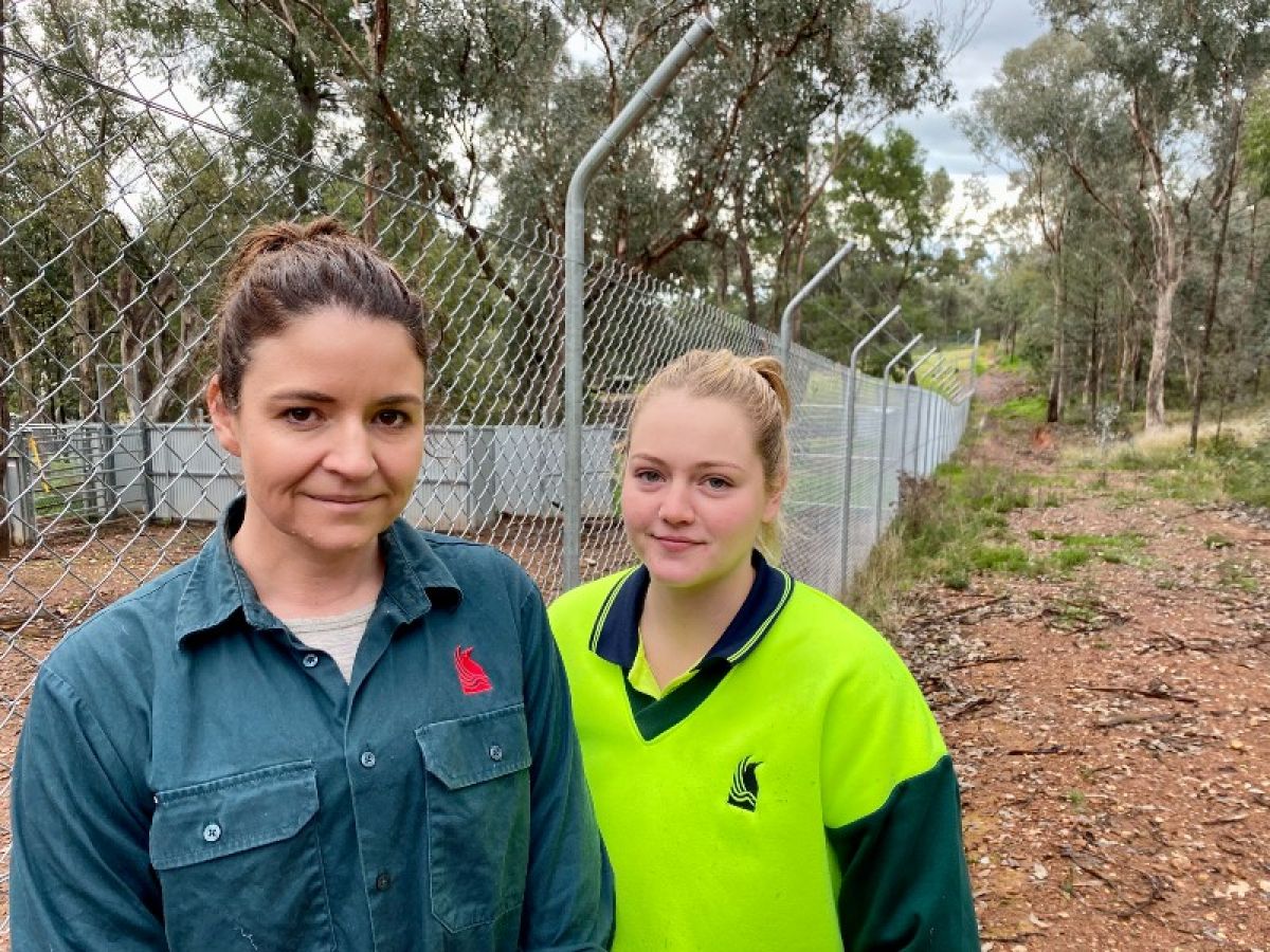 Two zoo curators stand beside a chain link fence