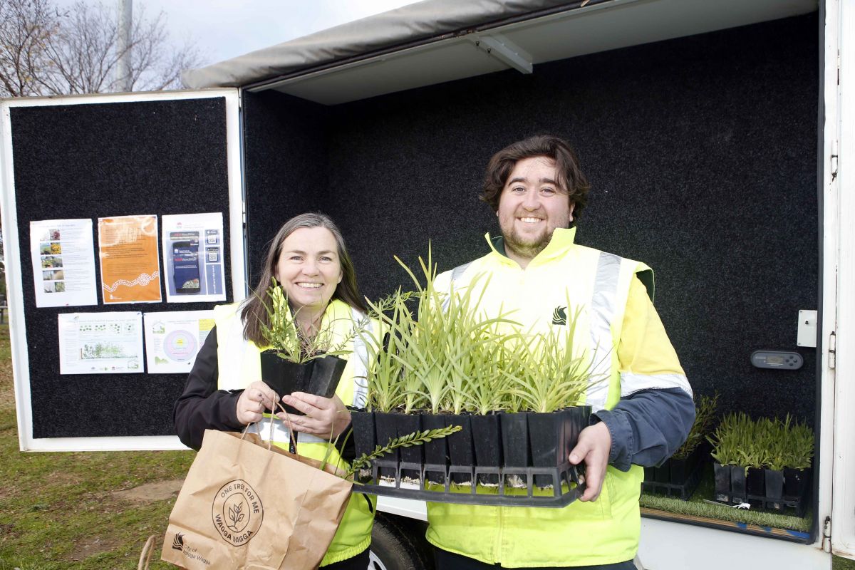 Woman holding paper bag and seedlings, man holding tray of native seedling, standing behind table with more bags of seedlings