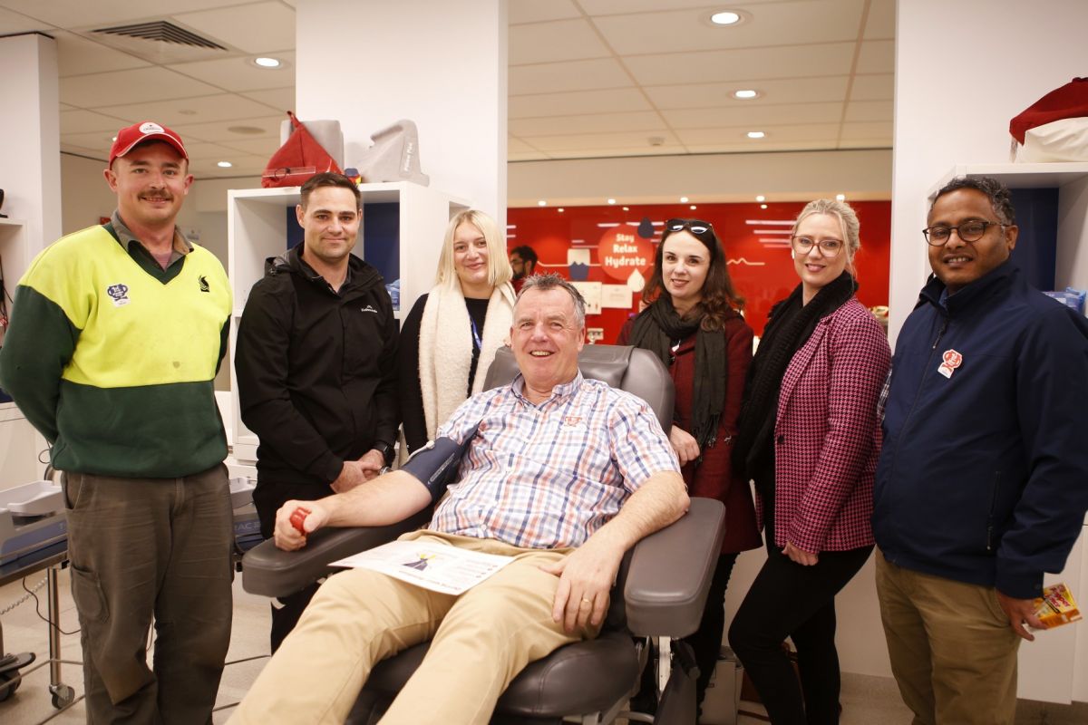 Donating to the Local Government Blood Drive today (from left) Horticulturalist Shaun Reardon, Senior Financial Accountant Zac Wilson, Corporate Planning Officer Paige Andrews, Wagga Wagga Mayor Cr Dallas Tout, Graphic Designer Sarah Homes, Senior Financial Accountant Kori West, and Cadet Building Surveyor Vamsi Bathula.