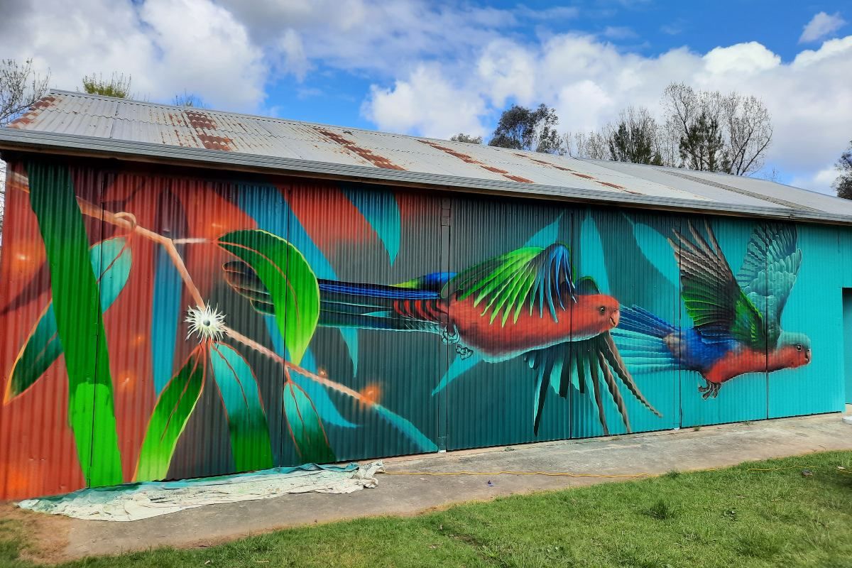 The mural design features native flora and fauna, including a depiction of King Parrots flying away from a fire. 