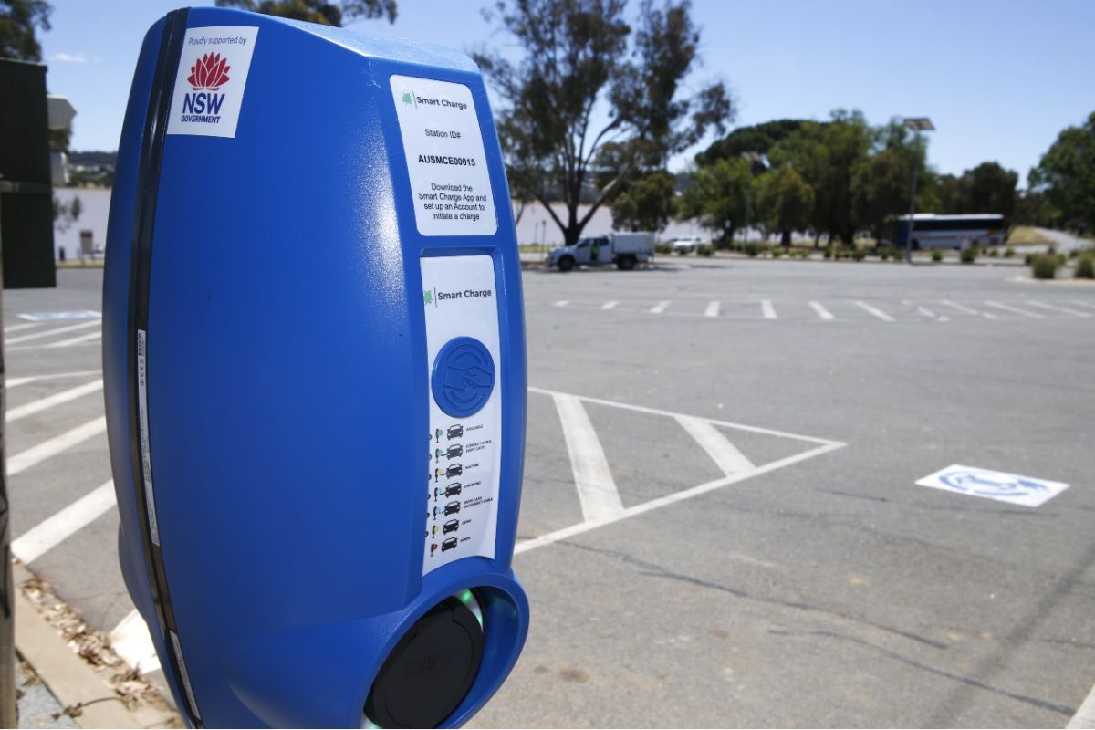 Close up shot of Blue EV charging station at Apex Park, Lake Albert.