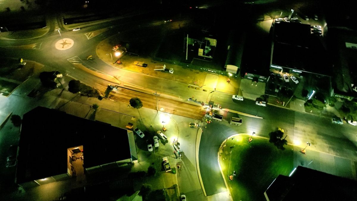 Aerial of Dobney Avenue upgrade nightworks