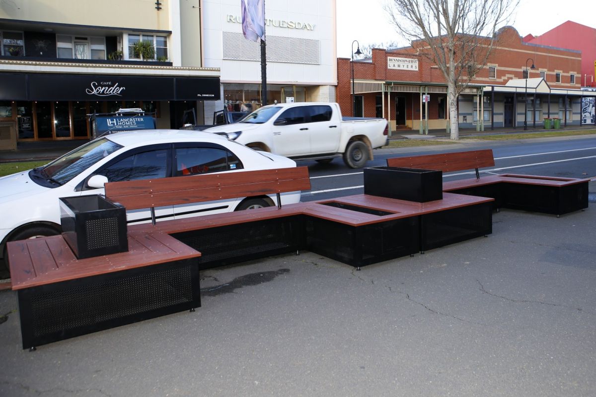 Modular parklet seating installed on footpath