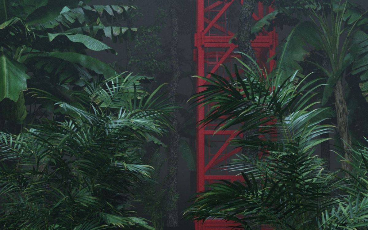 A computer-generated image of some palm trees and a red man-made construction.