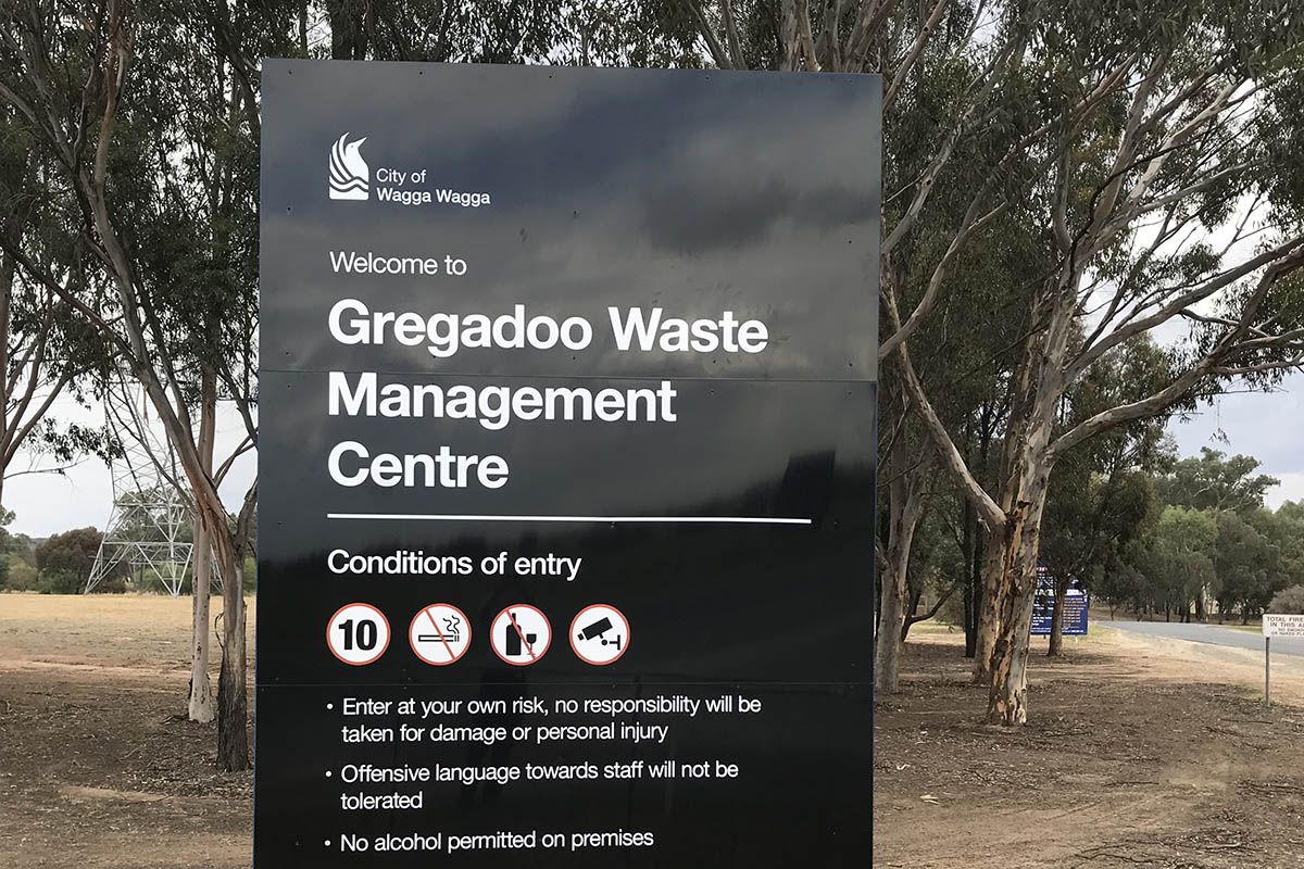 Large black and white sign saying Welcome to Gregadoo Waste Management Centre.